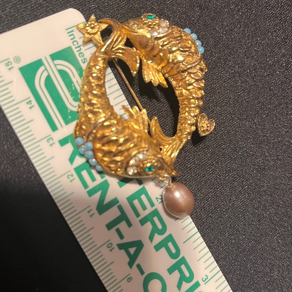 Vintage PISCES - Zodiac Brooch - gold tone with real pearl - Picture 5 of 8